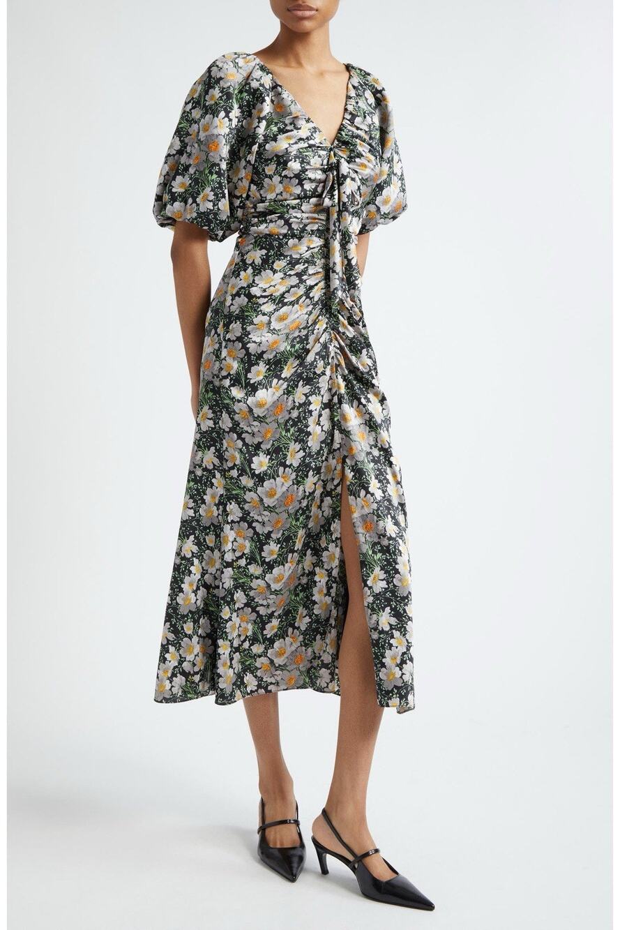 New Cinq A Sept Brenton Puff Sleeve Ruched Midi Dress in Cosmo Flowers Sz 4 NWT